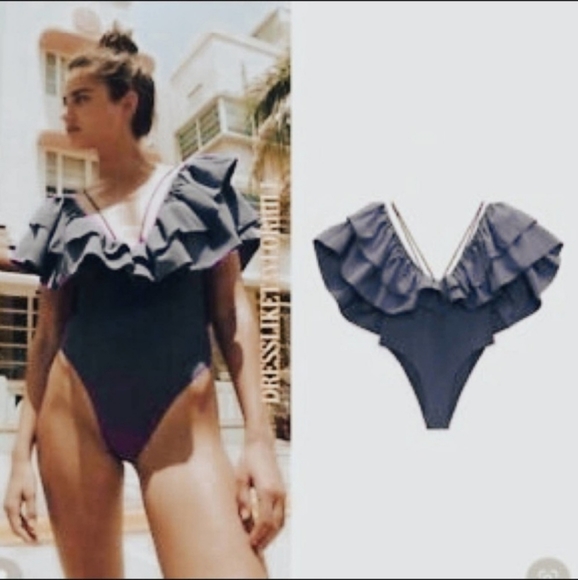 ZARA * Large Ruffle Swimsuit Top size S Black - Picture 10 of 13